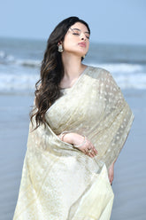 'Zehn-e-Gul' Tussar Beige Pure Resham Cotton Silk Banarasi Handloom Saree